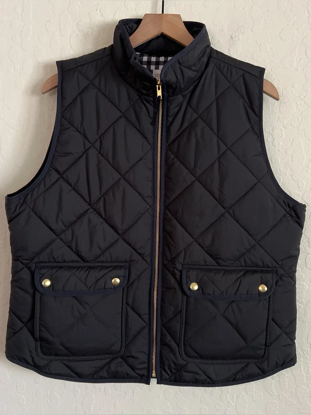 J.Crew Excursion Diamond Quilted Full Zip Vest Large Black Gold Preppy Pockets